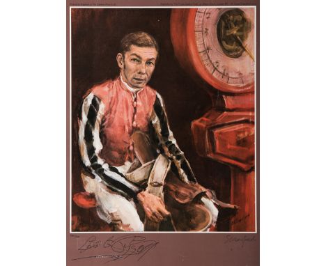 A signed Susan Crawford limited edition print of Lester Piggott,
signed to the lower mount by the artist and the jockey, fram