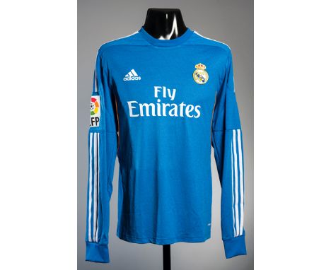Gareth Bale: a light blue Real Madrid No.11 away jersey season 2013-14,
long-sleeved, LFP badge to right sleeve, the reverse 