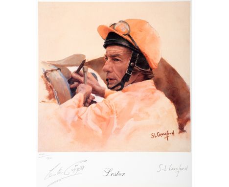 A signed Susan Crawford limited edition print of Lester Piggott,
signed to the lower mount by the artist and the jockey, numb