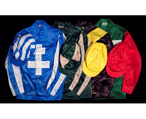 Four sets of racing silks one in the colours of the late Sir Peter O'Sullevan,
being black with yellow cross-belts and caps; 