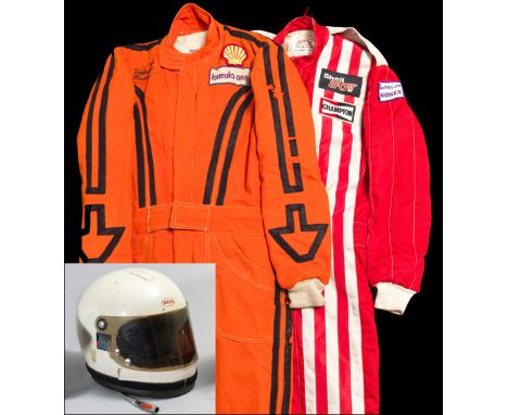 Valentino Musetti 1970s race-worn Bell helmet, two racesuits and accessories,
the white Bell helmet with 1970 Snell No.A59925