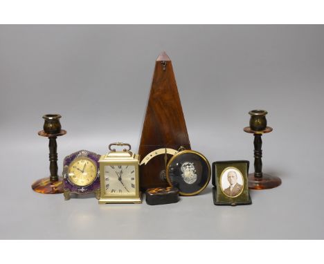 A 19th century rosewood metronome, faux ivory scale, together with other miscellaneous items (8)