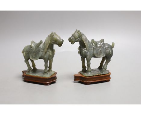 A pair of 20th century Chinese celadon jade figures of horses - 12cm tall