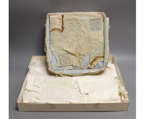 A lace box containing three 19th century Brussels bobbin lace and needle lace hankies and two fine tape lace hankies and a ne