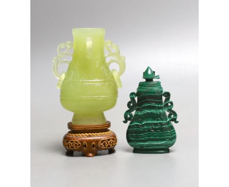 A Chinese malachite vase and cover, 9.5cm and a bowenite jade vase