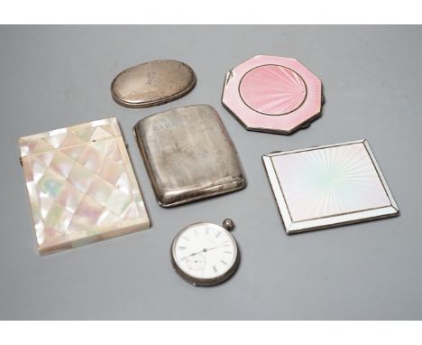 A 1920's silver and enamelled cigarette case, a 1930's silver and enamelled compact, a silver cigarette case, silver lid, sil