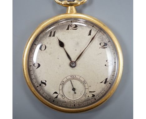 A 1920's Swiss 18ct gold open faced dress pocket watch, case diameter 43mm, gross weight 46.9 grams.