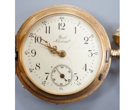 An early 20th century engine turned 14k yellow metal hunter  keyless fob watch, with engraved monogram, dial inscribed Borel,