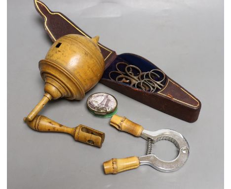 A boxwood spinning top, cased set of scissors, oval patch box and boxed Asprey