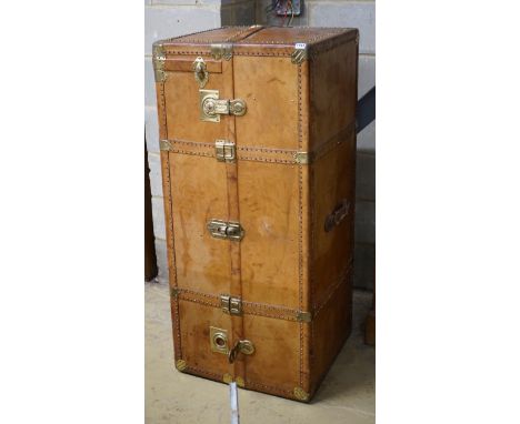 A vintage Arfango brass mounted tan leather wardrobe trunk, length 56cm, width 56cm, height 130cm