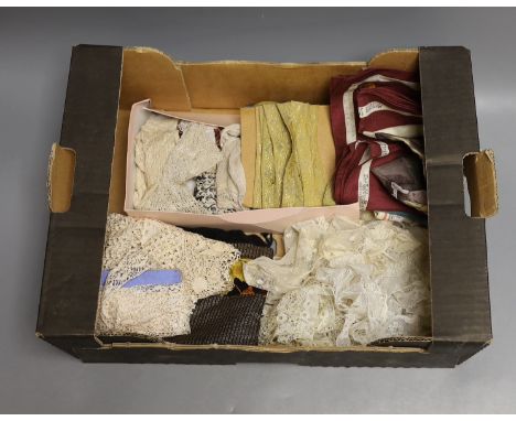 An unusual Steiff commemorative scarf, a collection of Victorian and later ribbons and a length of early 19th century fine bo