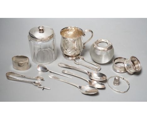 Sundry small silver including a mounted glass match tidy(a.f.), a silver christening mug(a.f.), mounted glass preserve jar, t