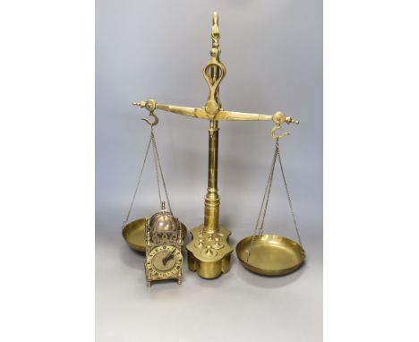 A pair of Victorian beam scales, 55cm tall, and a Smith &amp; Day timepiece