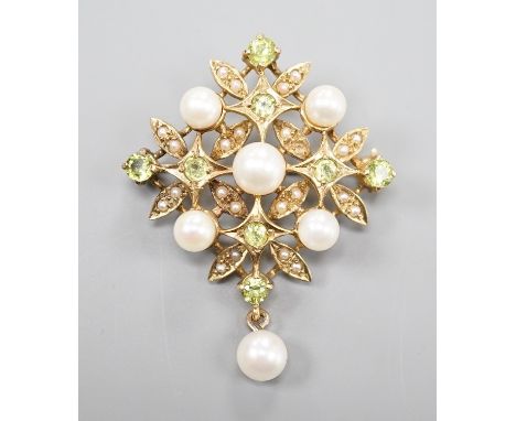 A modern 9ct gold, cultured pearl and peridot cluater set drop brooch, 43mm, gross weight 7.6 grams.