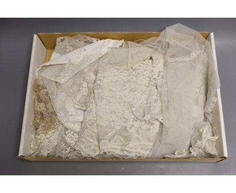 19th century Brussels bobbin lace bonnet veil, a Honiton edged and spot motif veil, a needle run veil and bonnet veil, two ne