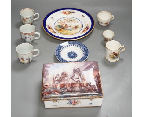 A 19th century enamel on copper trinket box, depicting a shipping fleet, together with a Chamberlain’s Worcester bird plate, 