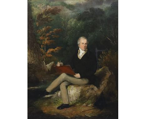 Alfred Frick (19th C.) Full length portrait of a gentleman seated in a landscape, sketching in a notebook, the sitter is poss