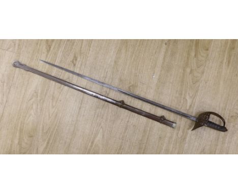 A George V officers sword with scabbard and a bayonet, sword100cm long