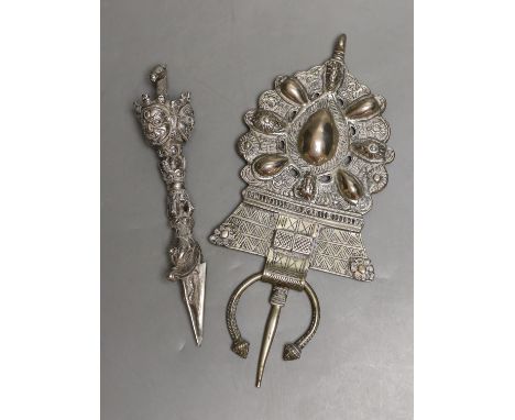 A Tibetan metal phurba and a South Asian metal finial,finial 22cms high.