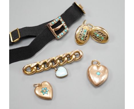 A pair of 19th century Viennese yellow metal and turquoise set earrings, 16mm, a 9ct gold and  enamel set heart drop bar broo