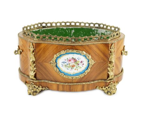 19th-century French Kingwood and ormolu mounted centrepiece planter, inset with a Sevres style porcelain plaque - 41cm wide