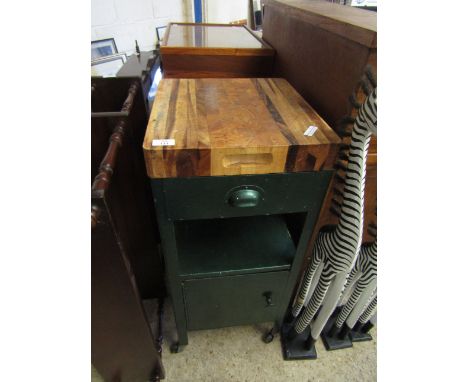 METAL INDUSTRIAL TYPE BEDSIDE CUPBOARD WITH SINGLE DRAWER, OPEN SHELF OVER PANELLED CUPBOARD DOOR WITH HARDWOOD TOP 