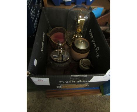 SILVER PLATED SWING HANDLED JAR, A HEART FORMED TRINKET BOX, STONEWARE TOBACCO JAR AND A DOME TOP ANNIVERSARY CLOCK 
