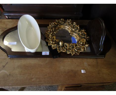 TEAK FRAMED WALL MOUNTED MIRROR WITH OPEN SHELF TOGETHER WITH A ROSE HEART ENCRUSTED MIRROR 