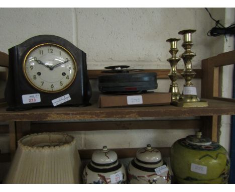 BAKELITE FRAMED SMITH'S MANTEL CLOCK TOGETHER WITH ASSORTED REELS AND A PAIR OF BRASS CANDLESTICKS 