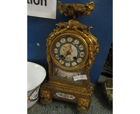 GOOD QUALITY GILT FRAMED MANTEL CLOCK WITH PORCELAIN PANELS (A/F) 