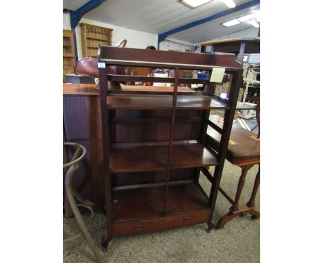 MAHOGANY FRAMED FOUR FIXED SHELF BOOKCASE WITH FULL DRAWER TO BASE WITH SPLAYED LEGS 