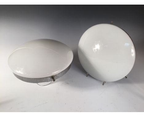A pair of Art Deco glass and chrome ceiling lights, the domed milk glass shades with chrome ring fittings 26cm (10in)  