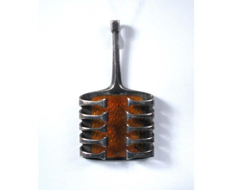 David Andersen, a Norwegian metalwares and enamel pendant, the amber enamel panel behind a ribcage design, stamped marks 6½cm