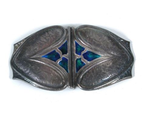 A Liberty & Co. silver and enamel buckle, Birmingham, 1907, the interlocking parts each enamelled in greens and blues 4½ x 8c