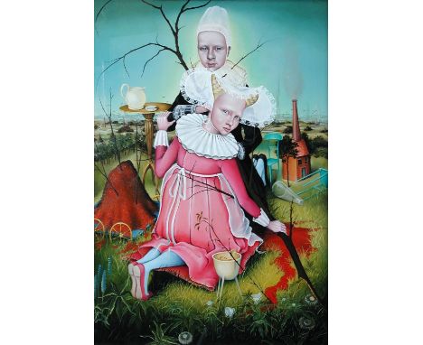 § Heather Nevay (Scottish, b. 1965) The First Experiment oil on panel, in a heavy ebony wood frame with gilt slip 45 x 31cm (