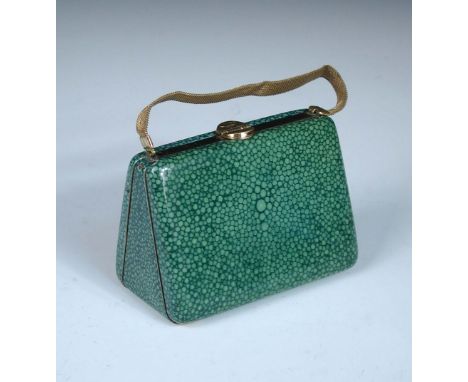 An Art Deco faux shagreen enamel minaudiere, in the form of a rigid metal purse with a mesh chain handle and two compartments