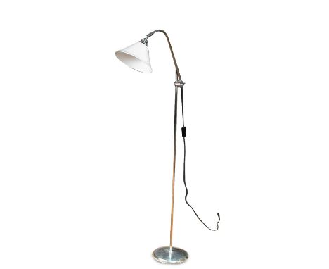 A BTC adjustable floor lamp, the chrome lamp with milk glass shade 143cm (56in)  