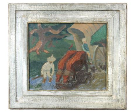 § Leon Underwood (British, 1890-1975) Water Buffalo signed on the reverse "Leon Underwood" oil on canvas in a white painted a