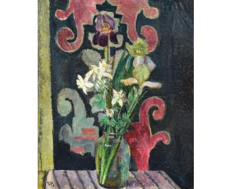 § Vanessa Bell (British, 1879-1961) Iris and White Columbine and an embroidered screen, 1953 signed lower left with initials 