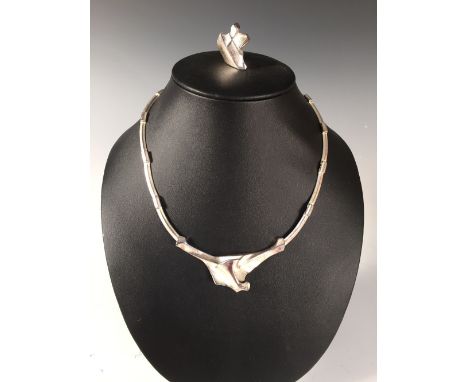 A Lapponia modernist Finnish metalwares necklace and ring, each of abstract design, stamped marks (2)  