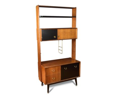 Eric Gomme for G-Plan, a 1950s room divider, with shelf and cupboard arrangement above a cupboard and drawer base in afrormos