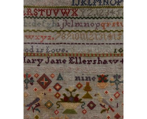 19th Century, a late Victorian needlework alphabet sampler, by Mary Jane Ellershaw aged 9, framed, mounted, and under glass, 