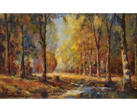 J.W Taylor (20th Century), oil on board, An attractive, autumnal woodland landscape of Impressionist style, signed to the low