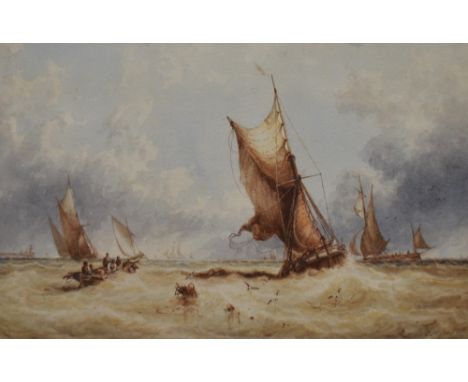 George Stainton (1838-1900, British), watercolour, 'Fishing Boats Off Southend Pier' (1855), signed to the lower right, frame