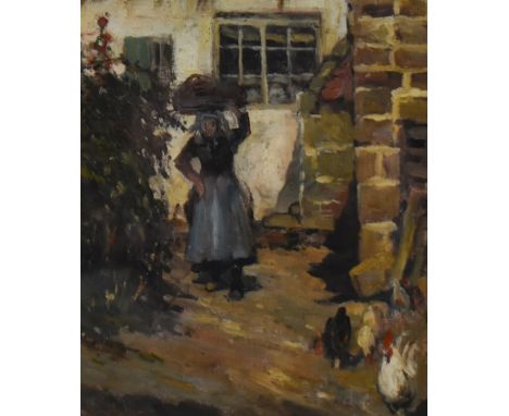 19th Century School, oil on canvas, A genre scene depicting lady and chickens, framed and under glass, measuring 23cm x 28cm,