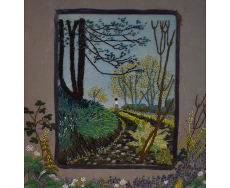 20th Century, needlework embroideries, Two illustrations depicting a vase of flowers and a woodland landscape with embroidere