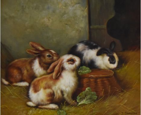 J.Thompson (20th Century, British), oil on board, 'Rabbits, Rabbits, Rabbits', an attractive composition depicting three bunn