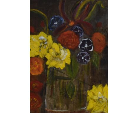 20th Century School, oil painting, A still life arrangement depicting a vase of flowers, signed indistinctly to the lower rig