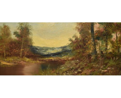 20th Century School, oil on canvas, A mid-20th Century portrayal of a wooded landscape in autumn, framed, signed indistinctly