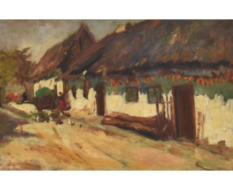 20th Century Continental School, oil on board, A village scene with thatched roof houses, signed indistinctly to the lower ri